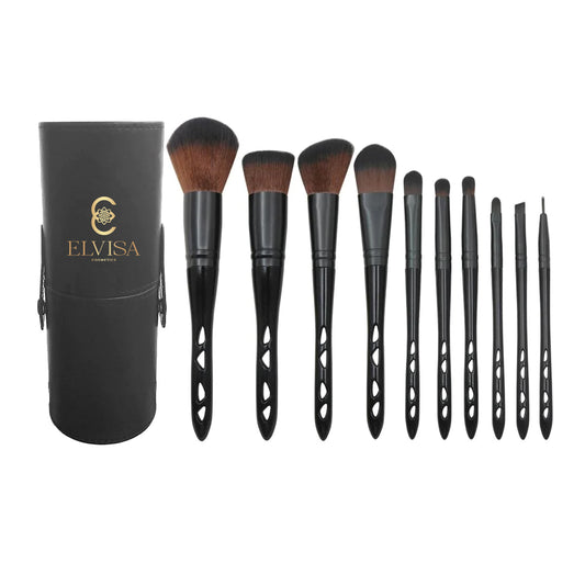 10 PIECE BLACK BRUSHES W/ HOLDER